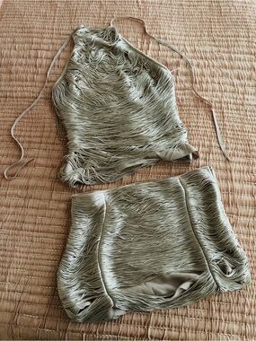 NWT Zara Fringed  Halter Top and Mini Skirt in Champagne